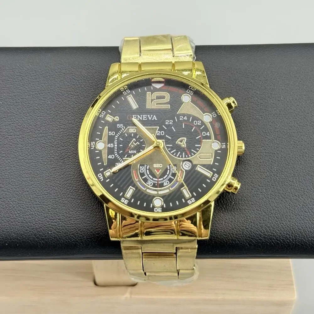 Geneva Mens Gold Tone Chronograph Style Watch Black Dial Stainless Steel New
